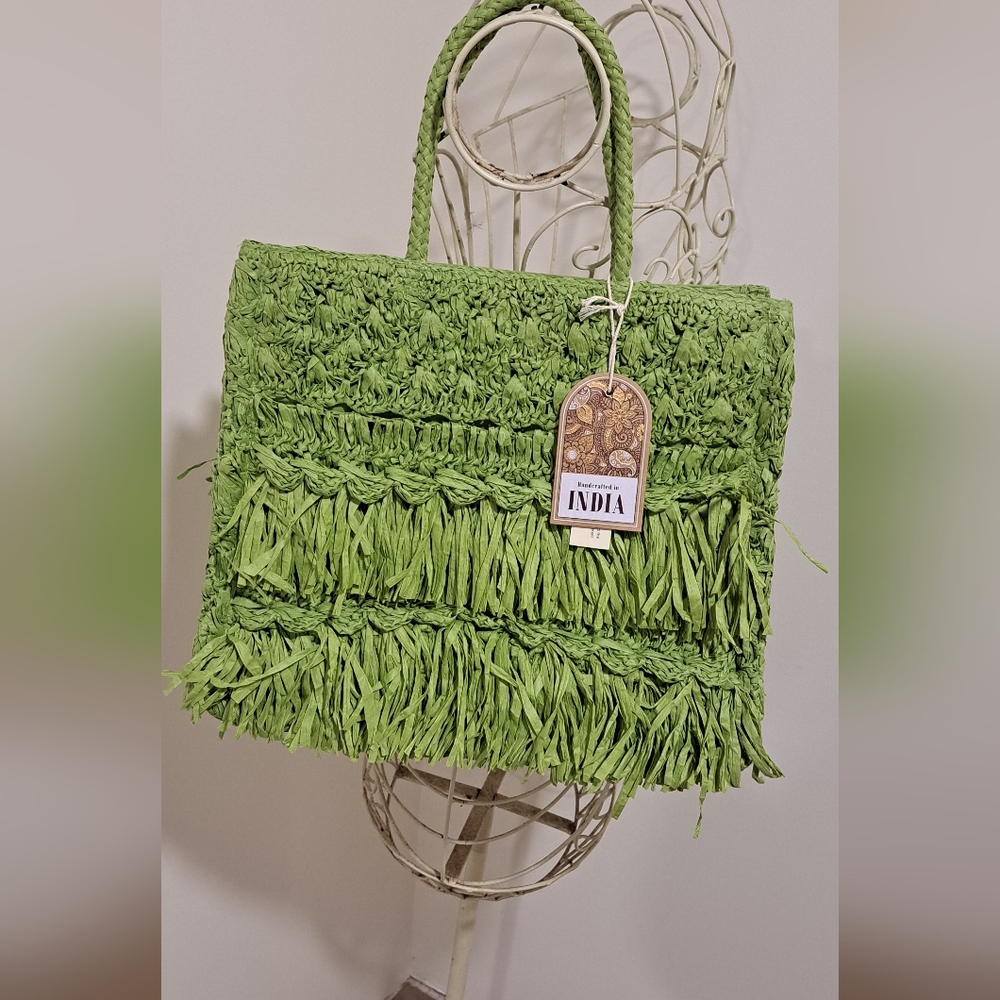 NWT- Handcrafted In India Green Straw/Paper Boho Witchy Gypsy Hippie Handbag.
